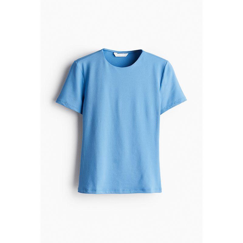 

HM Women s T-shirt Fall Slim Fit Stretch Plaid round Neck Short Sleeve Slim Bottoming Shirt 1258606 Blue 155/76