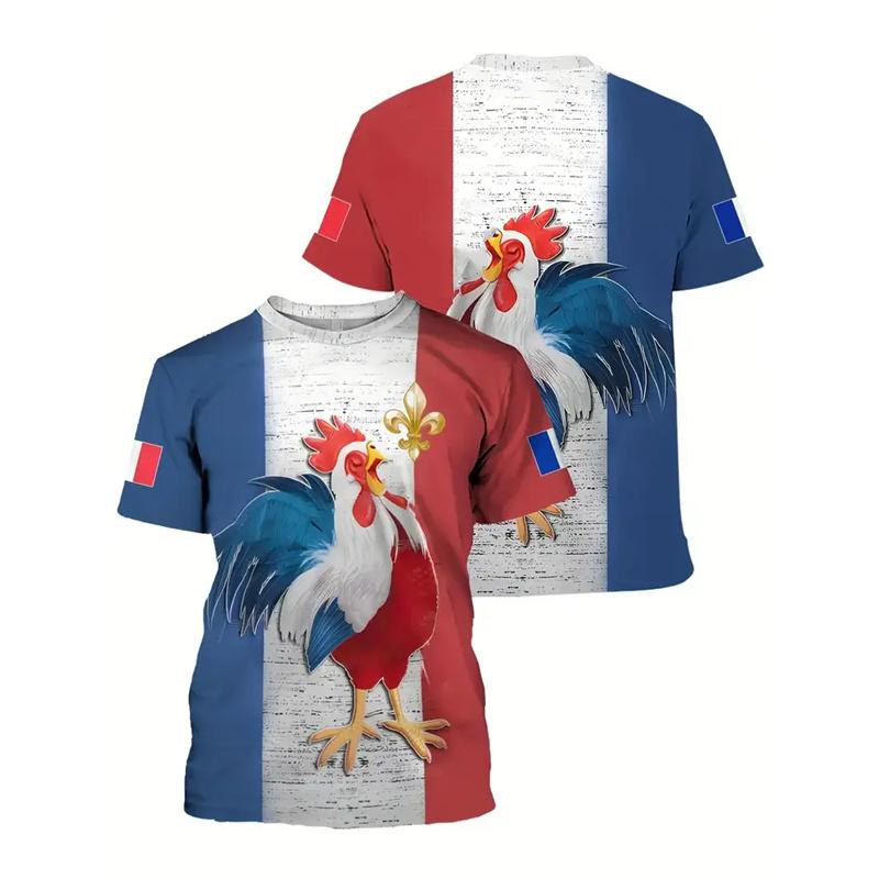 French Symbol 3d Printed T-shirt For Men's Rooster Bicycle Eiffel Tower Pattern T Shirts Street Casual Football Training Tees