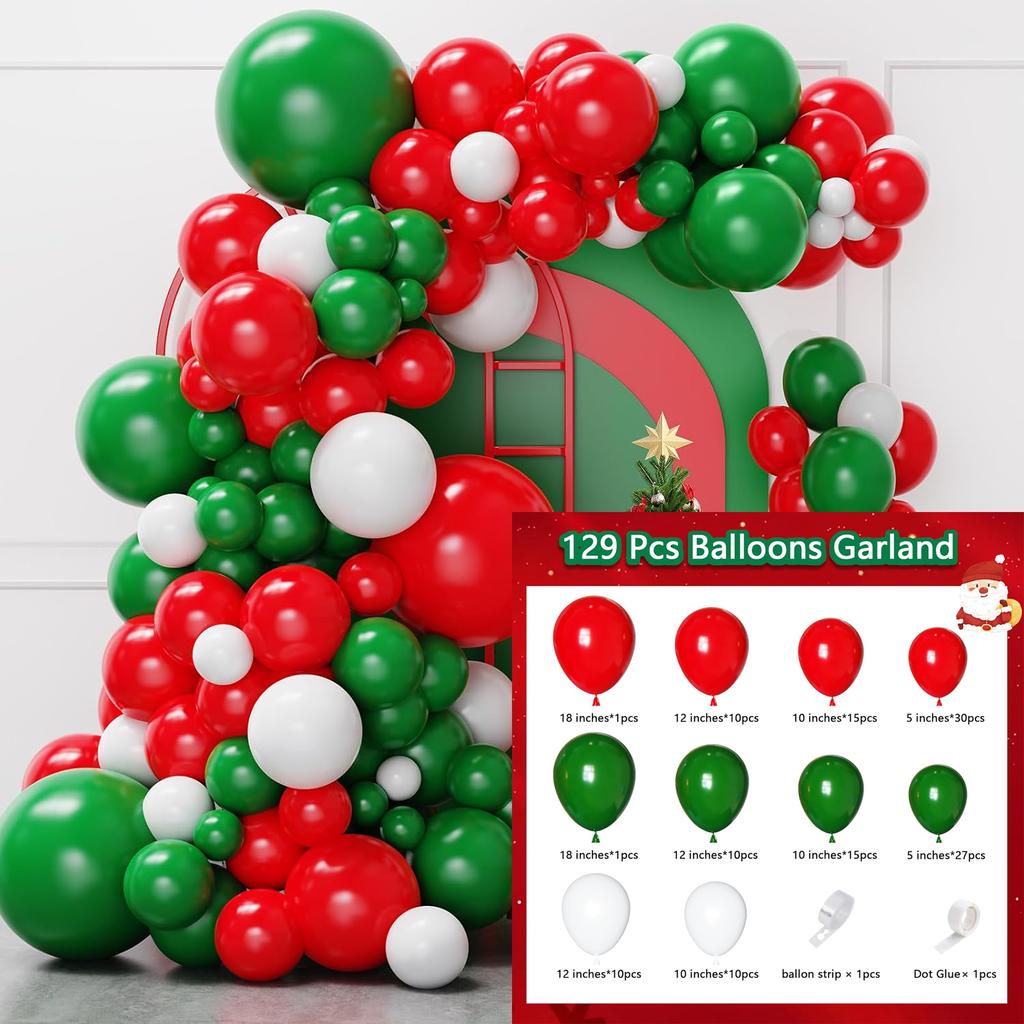 Kit arco ghirlanda di palloncini rosso verde e bianco, 129 archi di palloncini rosso verde per decorazione festa di Natale