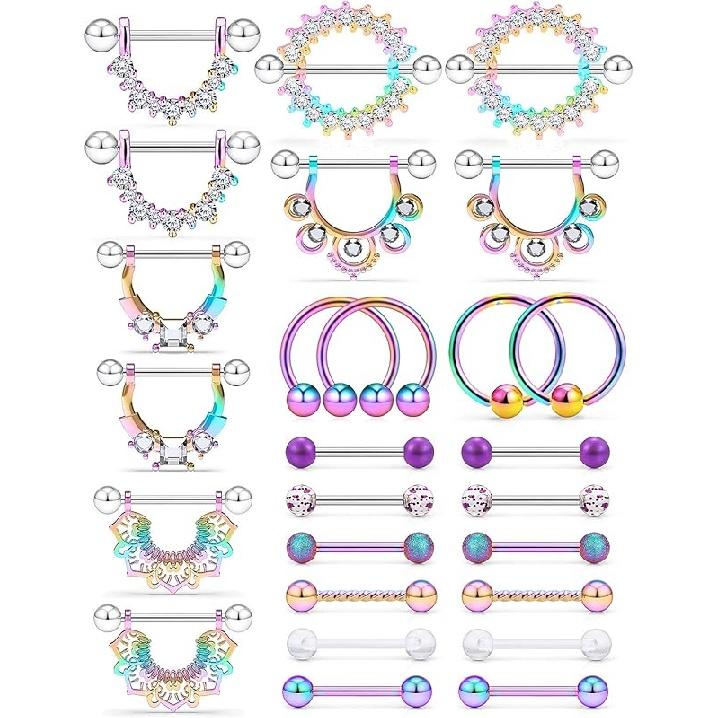 Kridzisw 14G Nipple Tongue Ring 6 Pair Surgical Steel Nipple Pliers Protective Ring Barbell Ring Piercing Body Jewelry CZ Round Lady Girl, Metal