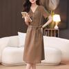 2025 Summer Mid-length V-neck Slimming Cotton Linen Dress for Middle-aged Women