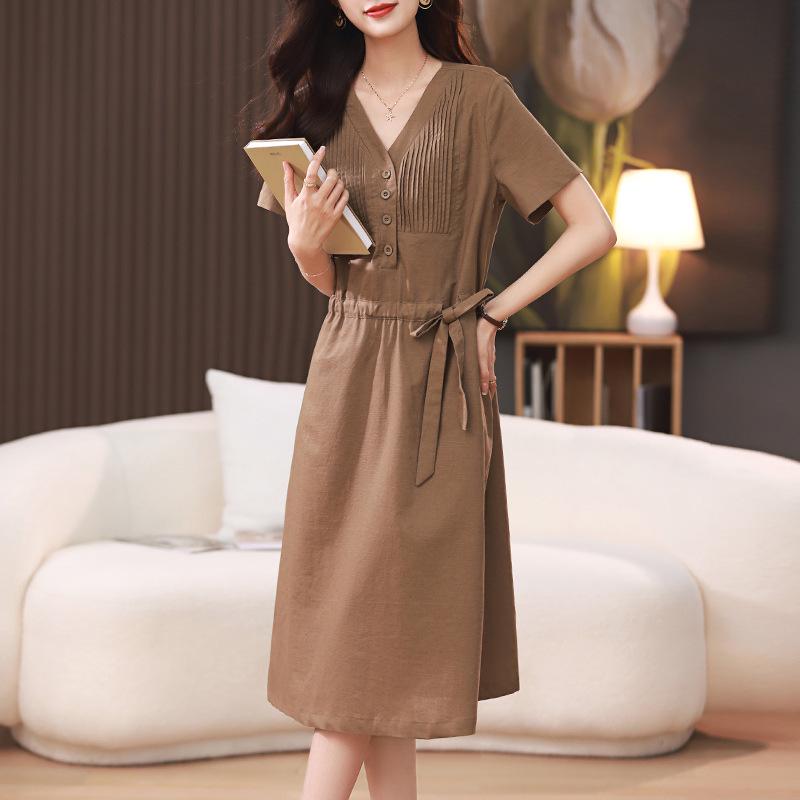 2025 Summer Mid-length V-neck Slimming Cotton Linen Dress for Middle-aged Women