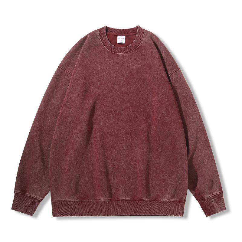 New 350g heavy-weight distressed round neck sweatshirt with snowflake print, European and American loose fit, long-sleeved
