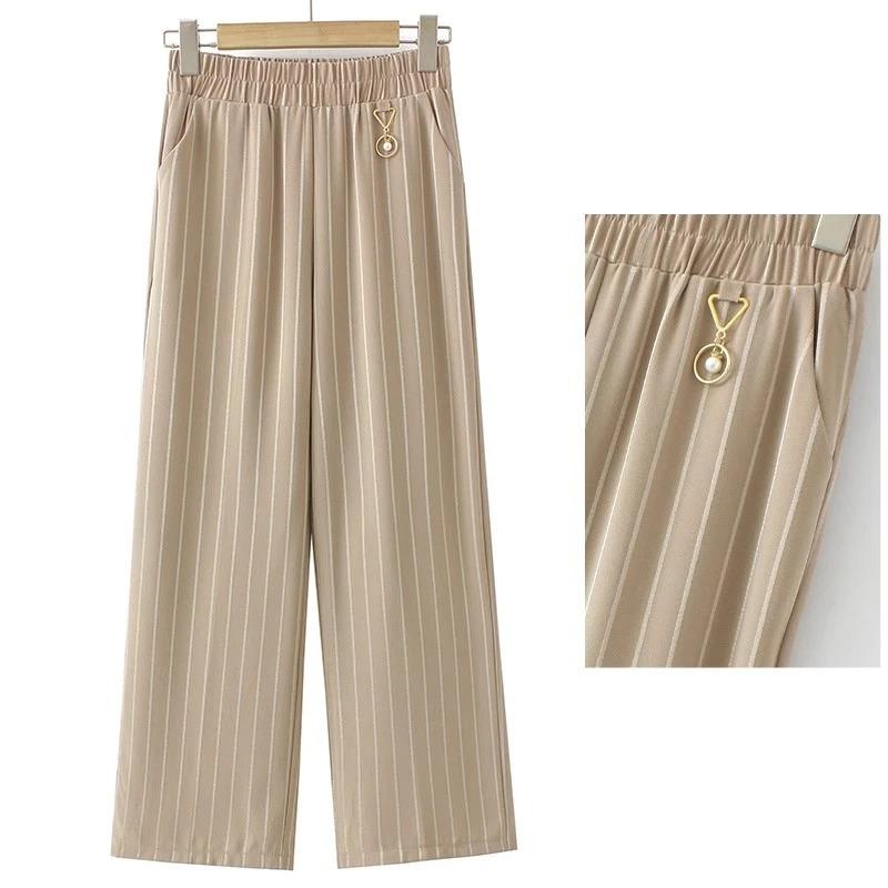 Autumn Chiffon Wide-leg Striped Draped Elastic High Waist Pocket Fashionable Casual Straight Pants