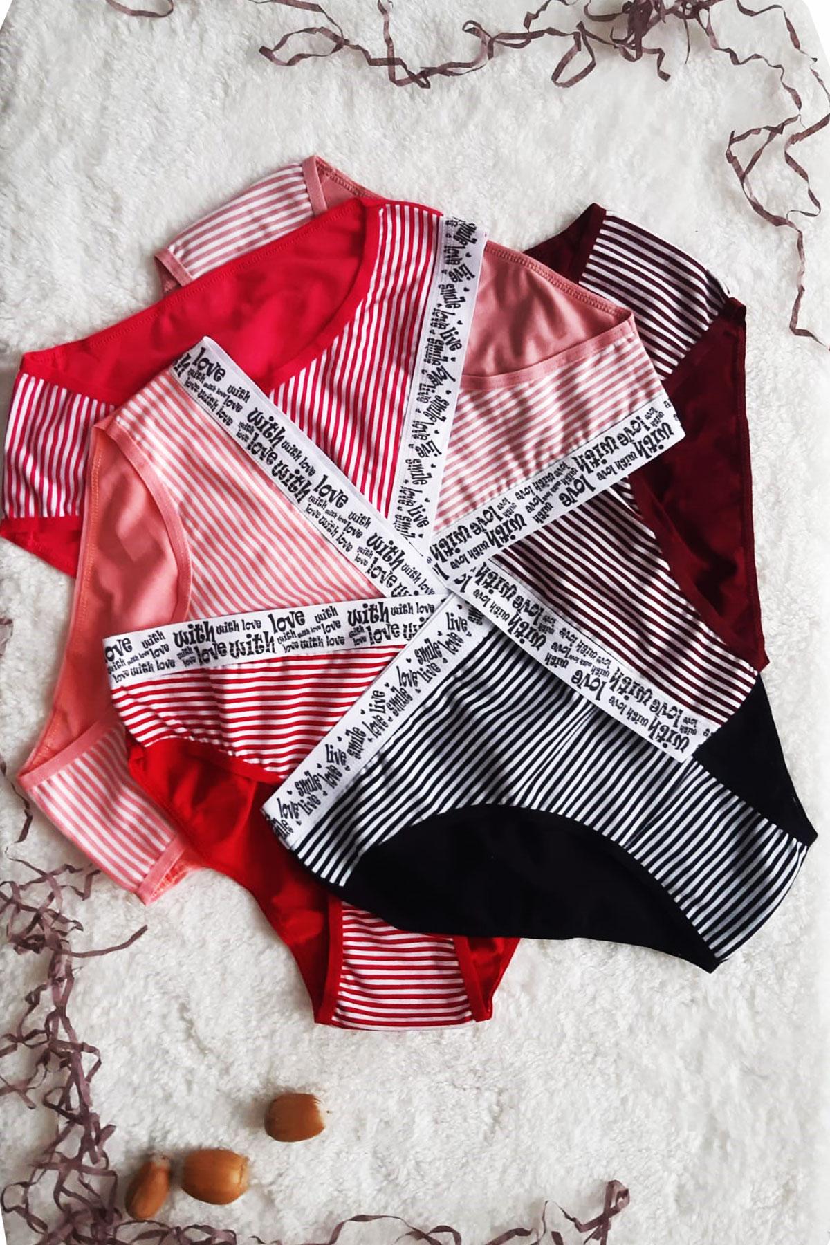 

6 lı Kadın Çizgili Karışık Renk Pamuklu Bikini Külot With Love M-L різнокольоровий