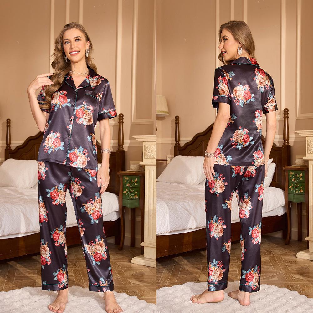 Yaoting Damen Sommer Pyjama Set - Kurzarm, Lange Hose, Modisches Revers, Druckdesign, Lässige Homewear TZ3431
