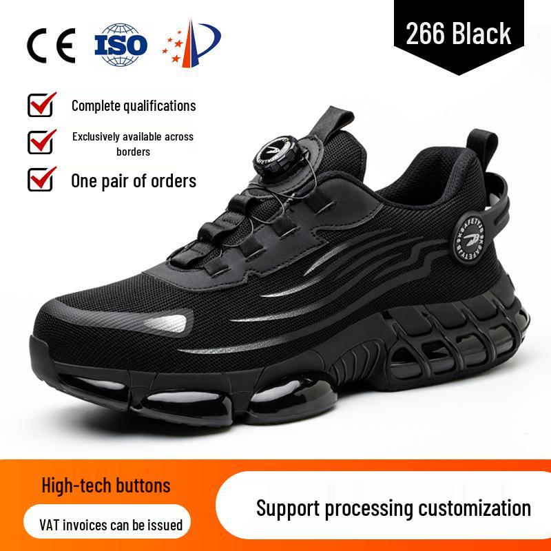 Men's Fly-Knit Safety Shoes: Anti-Smash, Anti-Puncture, Breathable, Lightweight, Comfortable, Wear-Resistant with Soft Sole and Button Closure.