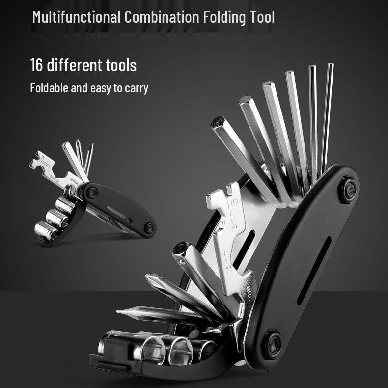 16-in-1 Multifunctional Bicycle Repair Tool Set: Folding Screwdriver, Wrench, Socket & Tire Patch Kit Standard Galvanized