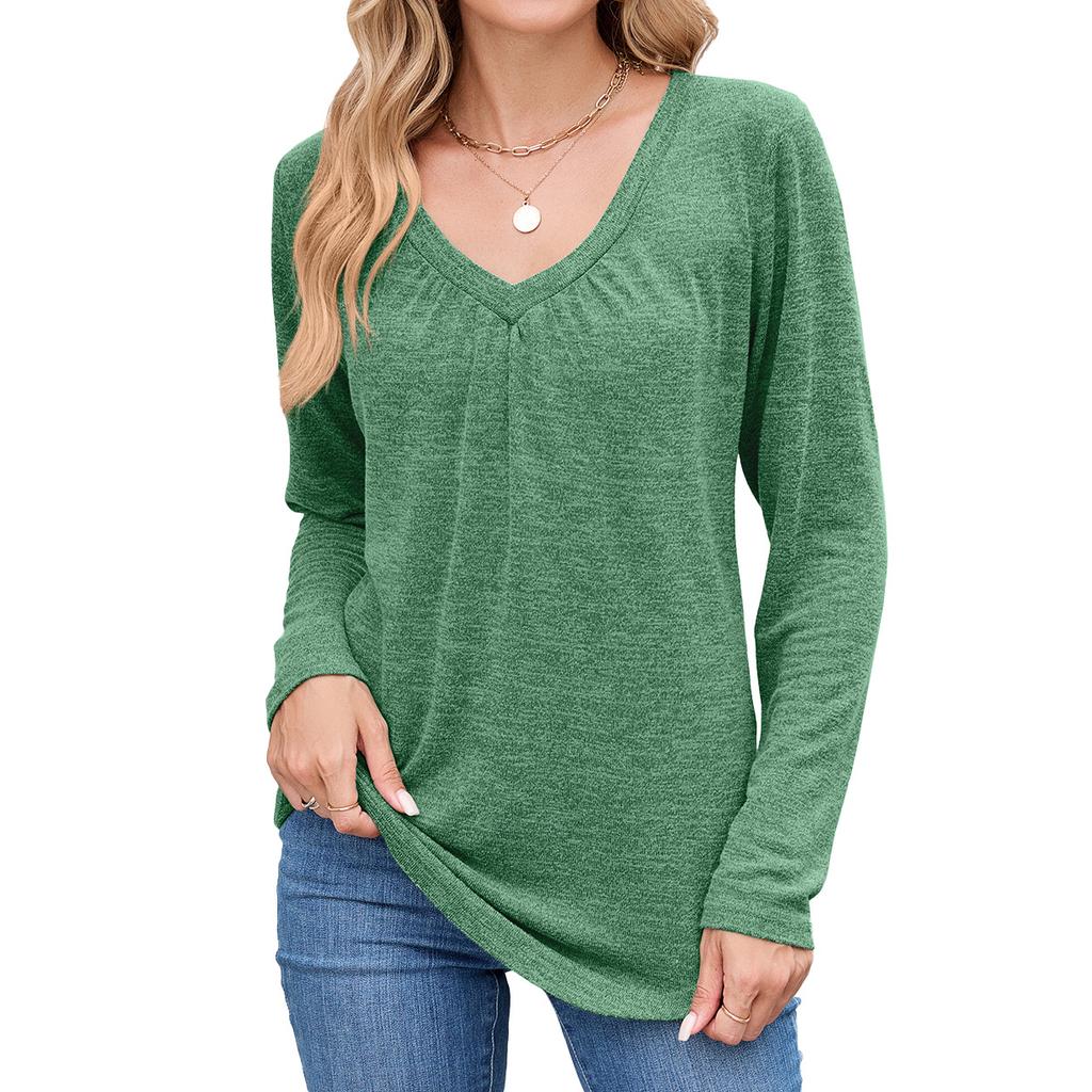 New Autumn and Winter Pleated V-neck Loose Long-sleeved T-shirt Top for Women