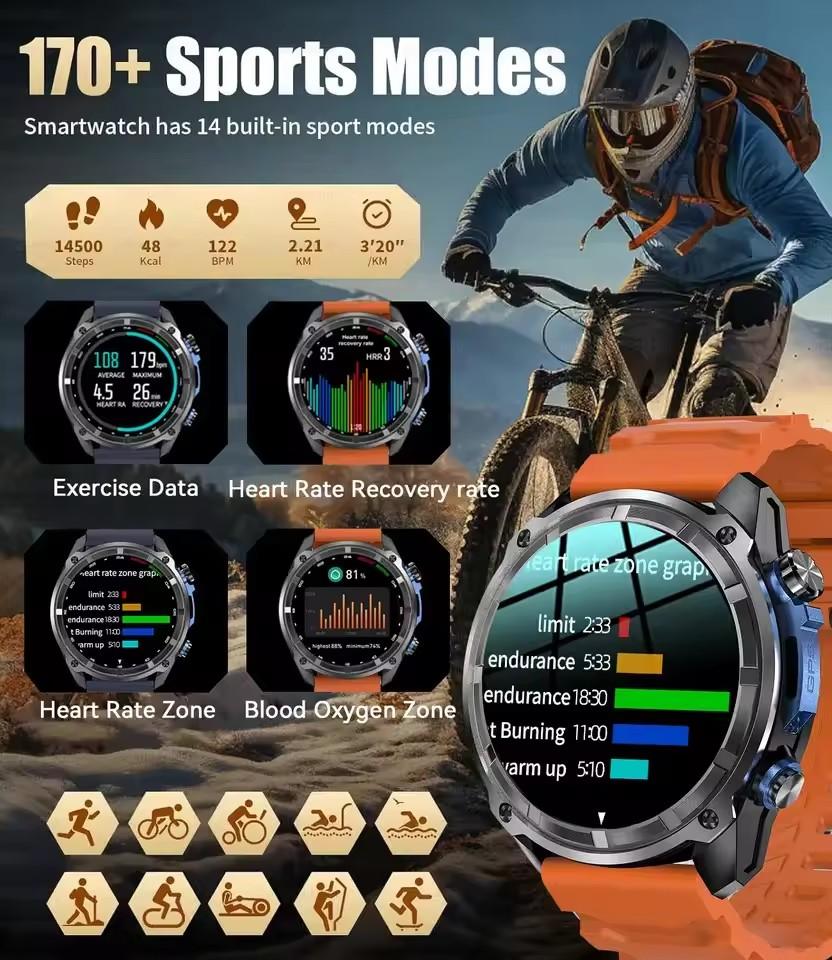 New Tactical Sports Smartwatch Built-in GPS Offline Map 4GB Memory 5ATM Waterproof Swimming Men Militray Smart Bracelets