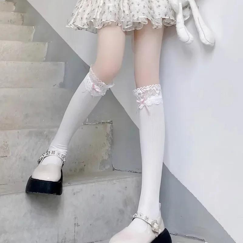 Women Lolita Lace-edge Bow Velvet Stockings Mid Leg Socks Thin Breathable Soft Cute College Style Kawaii JK Knee High Calf Socks