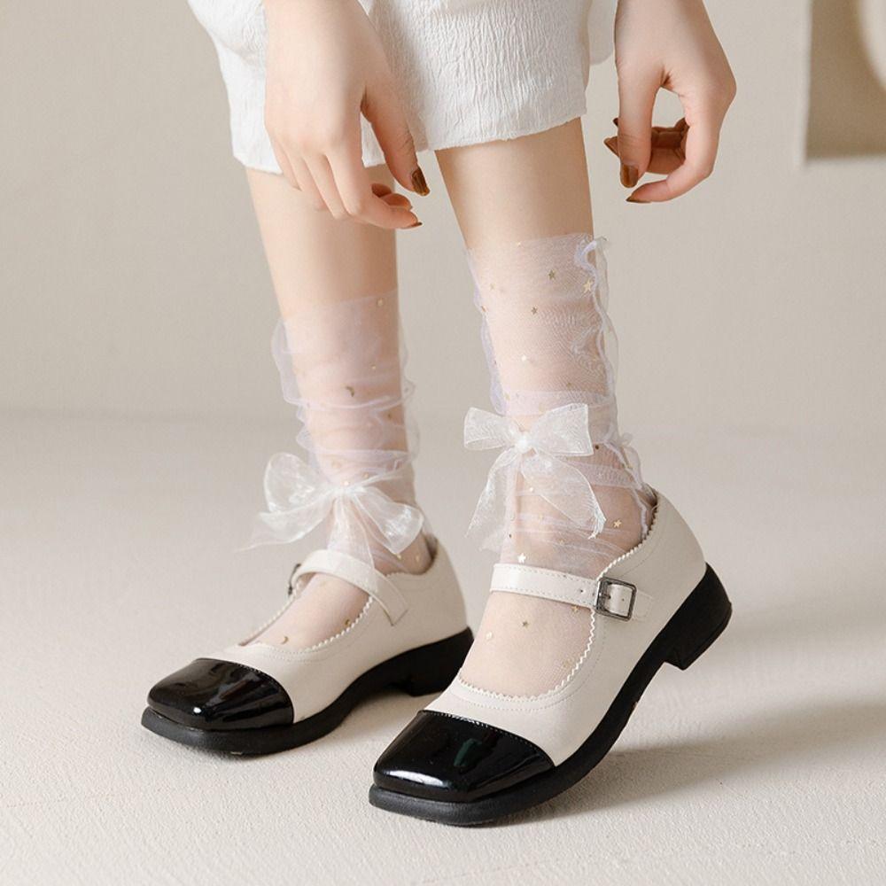 5Pairs Star Moon Tulle Shiny Socks Mid-calf Mesh Tube Socks Women Soft Transparent Bow Socks  Girl