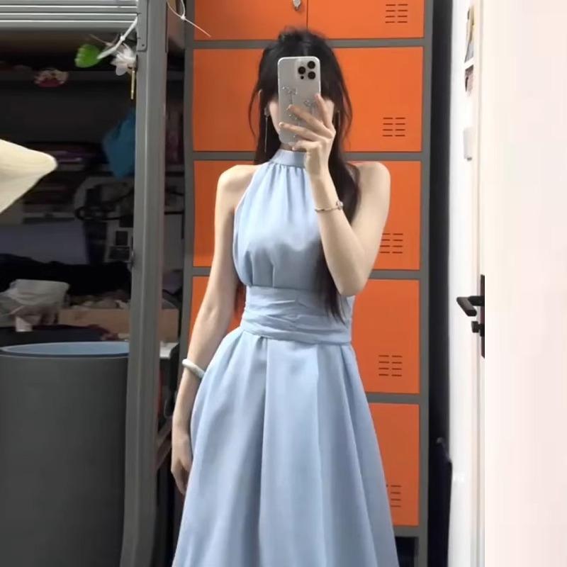 Sleeveless neck dress children's spring new seaside vacation design temperament waist dress