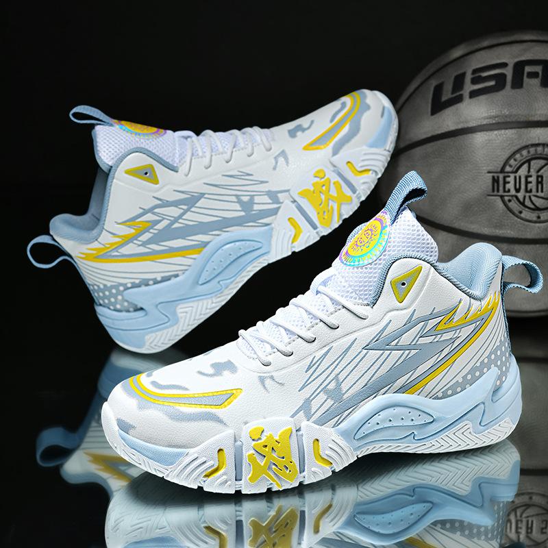 New Basketball Shoes Men'S Shoes Youth Sports Shoes Student Shock Absorption Non-Slip Wear-Resistant High-Top Actual Combat Blue Sneakers