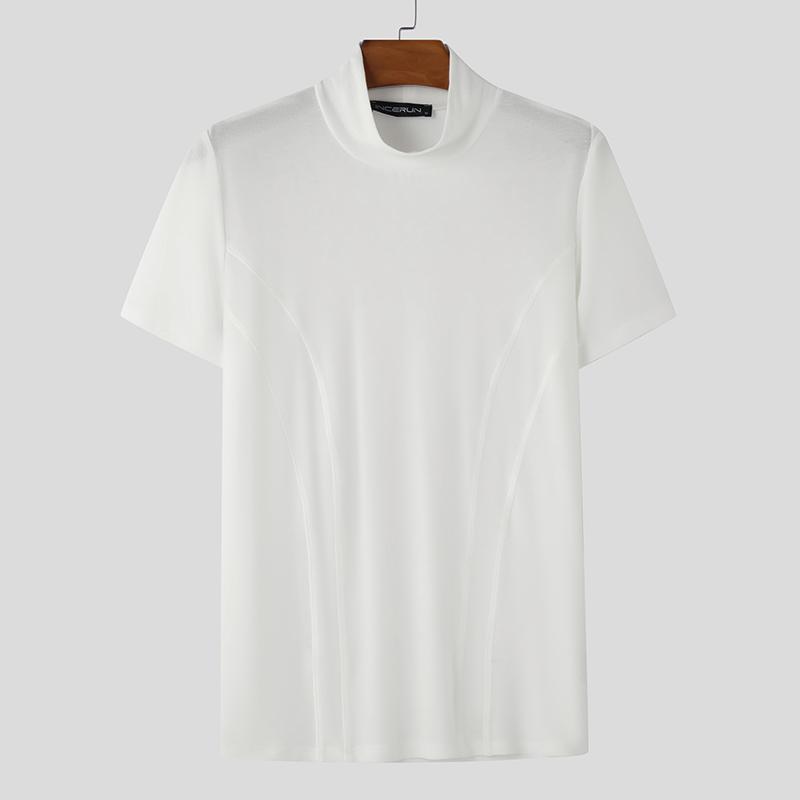 INCERUN Men Mockneck Short Sleeve Solid Color Casual Fittd T-shirts Tops