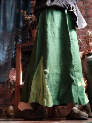 Kadın Vintage Etekler Elastik Bel Patchwork Yeşil Keten Yüksek Kaliteli Giysiler Bahar Kadın Etekler