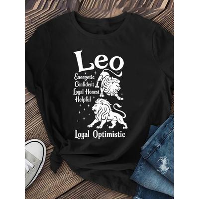 Women's Leo Zodiac Lion Stars Print Tee Round Neck Short Sleeve Casual Breathable Astrology Lovers Top