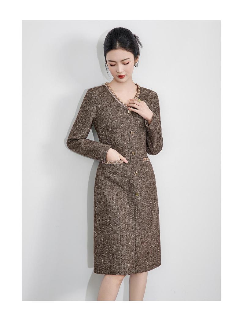 Kadınlar İçin Taşlı Yaka, Şık Sosyetik, Altın İplikli Balıksırtı Yün Elbise