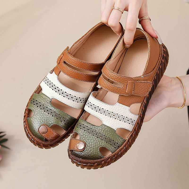 New cutout real leather sandals women's summer shoes size 43 ladies comfy closed toe strappy sandal woman flats barefoot shoes