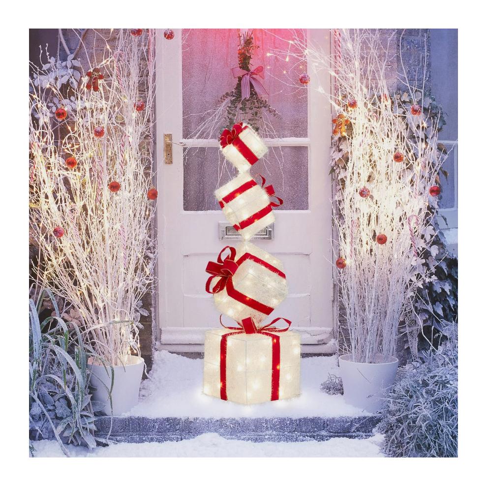 3ft Christmas 80 LED Lighted Gift Box Tower Pre-lit Stacked Xmas Present Boxes