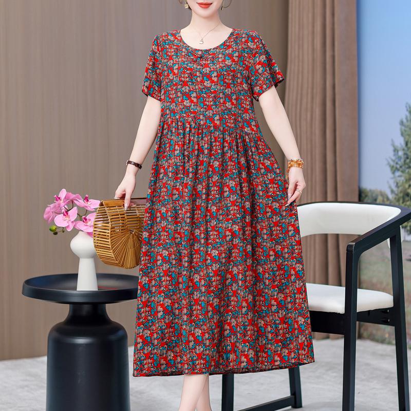Elegant Dresses for Women Plus Size Loose Casual Vintage Print Long Dress With Sleeves Summer Middle-aged Women's Clothing