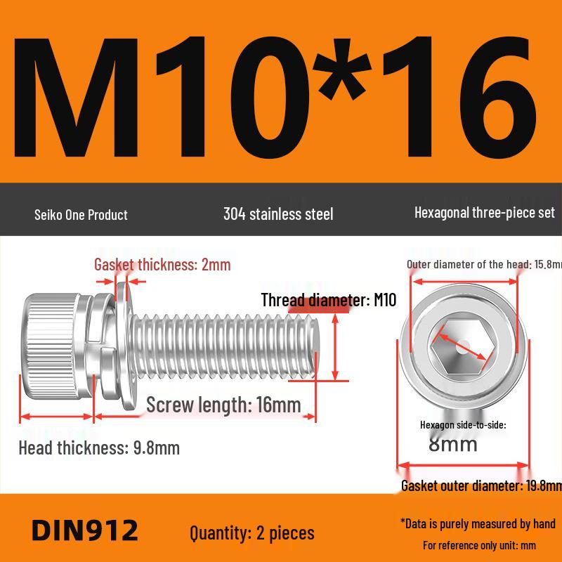 304 Stainless Steel Hex Socket Cap Screw with Washer - Sizes M3, M4, M5, M6, M8, M12