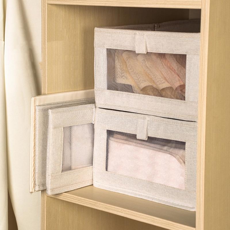 4 Stück Atmungsaktive Beige Leinen Aufbewahrungsboxen mit Klarsichtfenster Faltbare Schrankorganizer für Kleidung Bettwäsche und Spielzeug