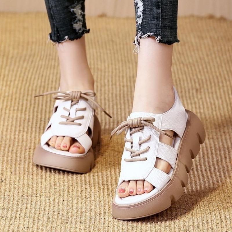 Roman sandals women's summer real soft leather new lace-up thick-soled fish mouth sandals wear muffin bottom flat-soled cool boots