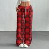 Women's Casual Fashion Printed Elastic Waist Loose Straight Leg Pants With Rope