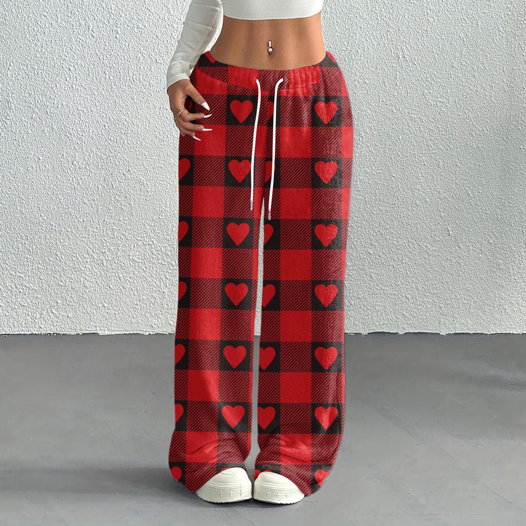 Women's Casual Fashion Printed Elastic Waist Loose Straight Leg Pants With Rope