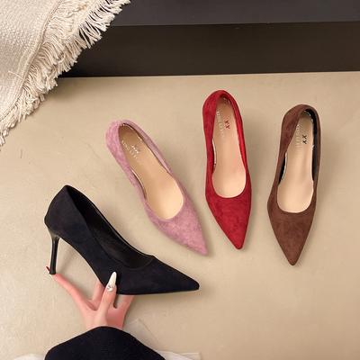 Stiletto Heels Pointed Suede Single Shoes 22 Spring and Autumn French Stiletto with Skirt Commuter Shoes