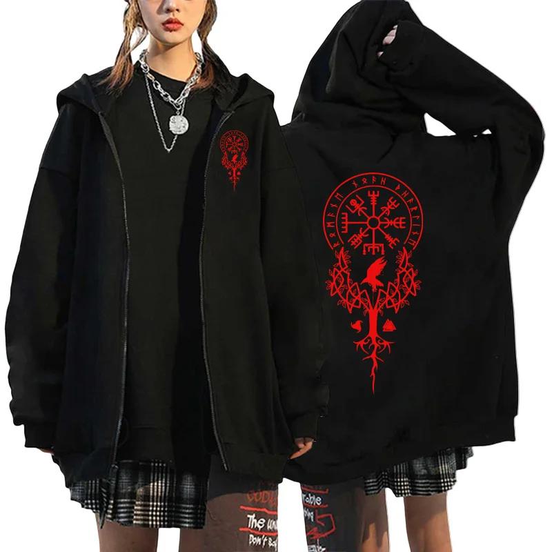 Damen Reißverschluss Hoodie Antike Wikinger Rabe Kunstdruck Sweatshirt Herbst Täglich Lässig Modejacke Y2K Gotischer Mantel