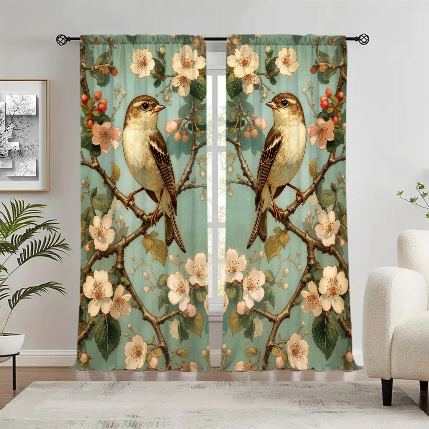 

Set Of 2 Sparrows Peach Blossom Branches Curtains Suitable Gifting Family Friends Curtain Polyester W100*H70(CM)-Rod Pocket&2PCS