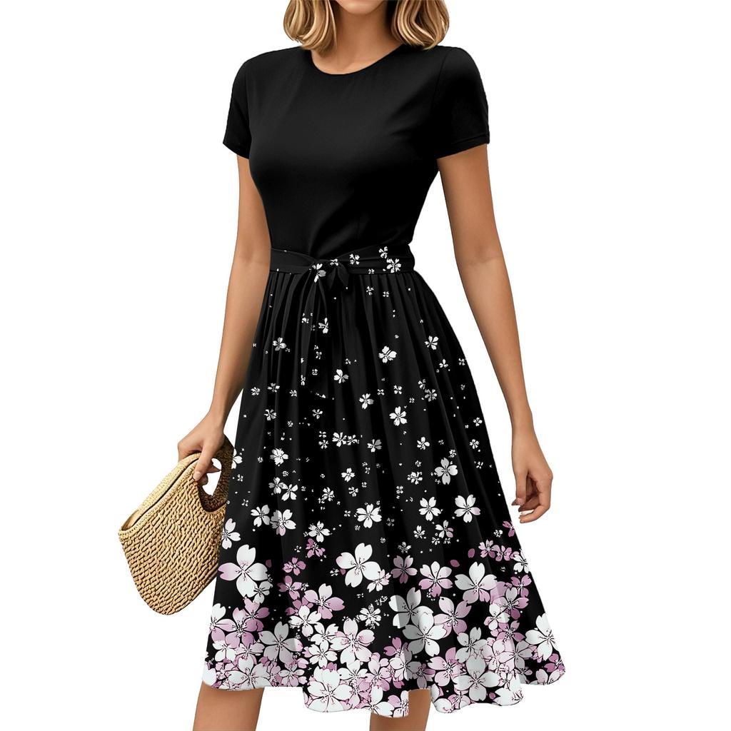 Women's Fashion Casual Belt Short Sleeve Round Neck Geometric Printing Splicing Elegant Temperament Dresses