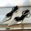 Fashion Gold Silver Rivet Designer High Heels Women Sexy Pointed Toe Leather Pattern Women Pumps Slingbacks Heeled Sandals Party Shoes