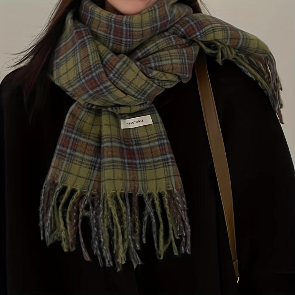 Vintage Green Plaid Tassel Scarf Women Imitation Cashmere Thickened Warmth Autumn Winter Shawl Wrap Scarves Pashmina