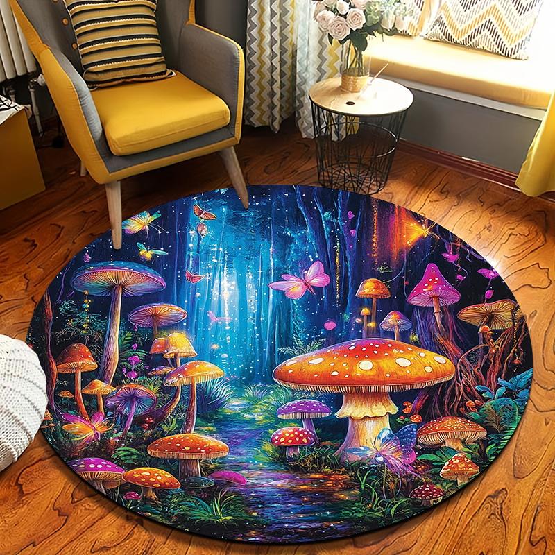 Dreamy Colorful Mushrooms Flannel-printed round floor mats are slip-resistant Suitable for living bedroom terrace garden carpets