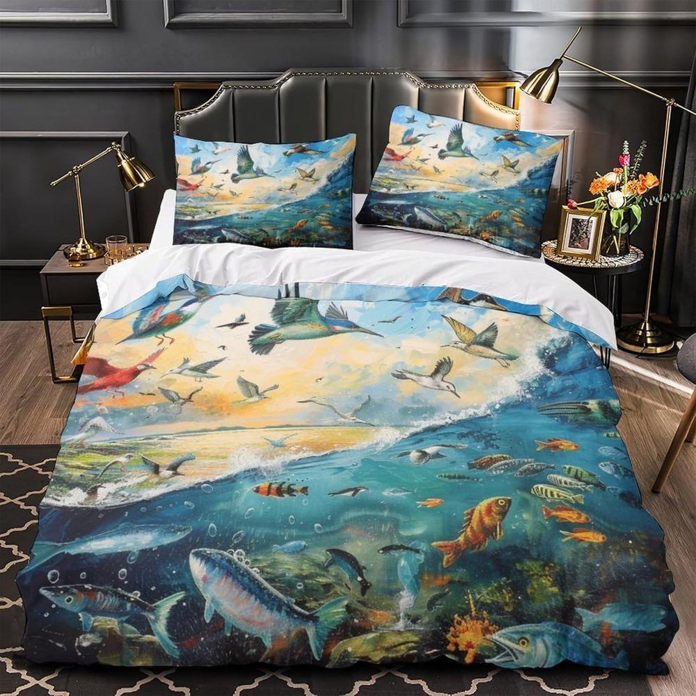 Cartoon Whale Bed Sheet Set, Microfiber Soft Duvet Cover, Zipper and Pillowcase, Children Adult Duvet Cover Gift