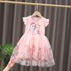 Robe Princesse Fille Été Licorne Imprimée Coton Manches Courtes Tulle