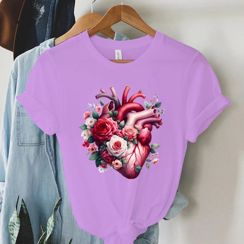 Watercolor Heart Floral Tshirt Women Funny Anatomical Graphic Tee Shirt Top Aesthetic Vintage Women Cardiology Nursing Tshirts