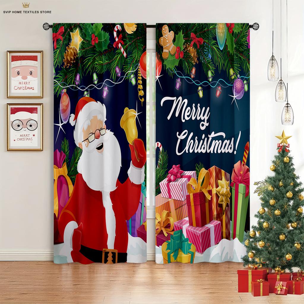 2pcs Snowflake Santa Claus Christmas Decorative Curtains Holiday Party Decorative Curtains New Year Gifts Machine Washable