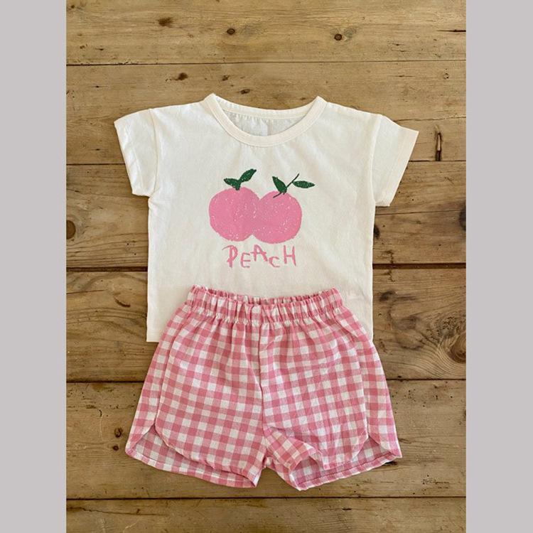 Korean 2026 Kids' Summer Fruit Tee & Plaid Shorts Set