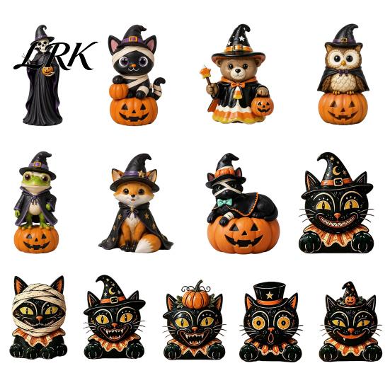 Cartoon Cat Figure Vintage Halloween Wooden Figurine, Rustic Witch Zombie Owl Frog Tabletop Festive Room Ornament Ornament, Farmhouse Tiered