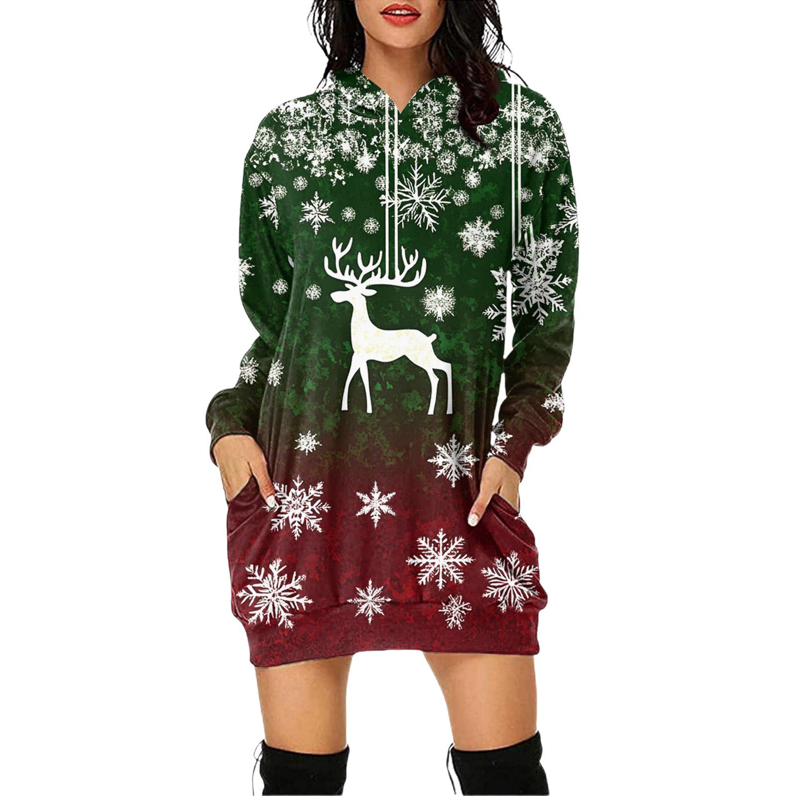 

Женское платье-пуловер с капюшоном и карманом с рождественским принтом и длинным рукавом L