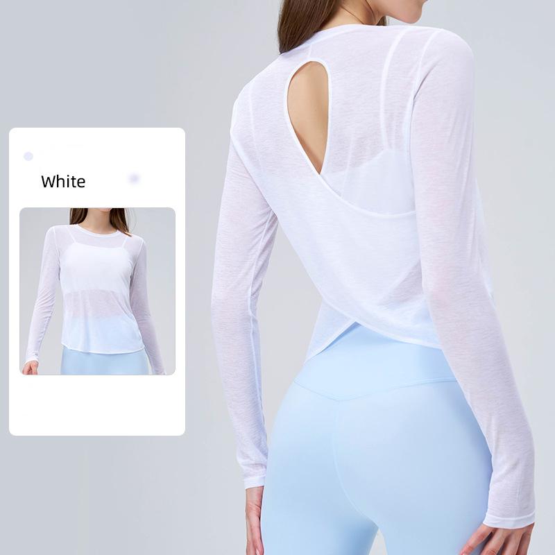 Women Backless Loose Yoga T-shirts Summer Round Collar Long Sleeve Fitness Breathable Sporty Yoga Tshirt Tops Female Sportswear