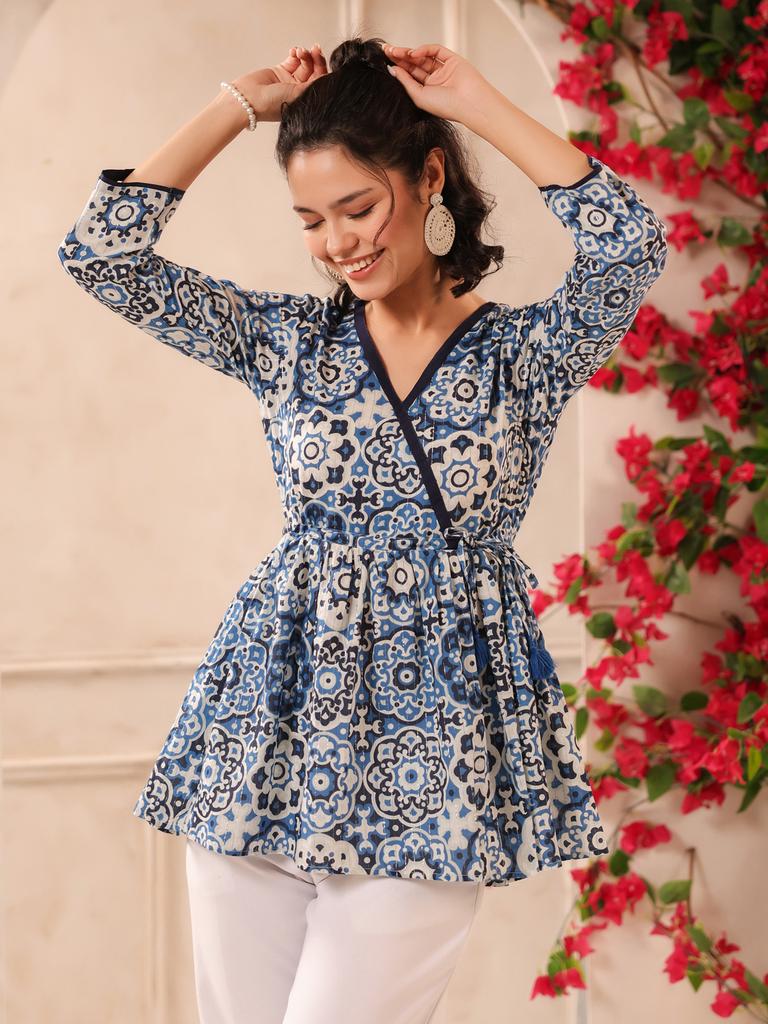 Lurex Blue Floral Printed V Neck Cotton Top