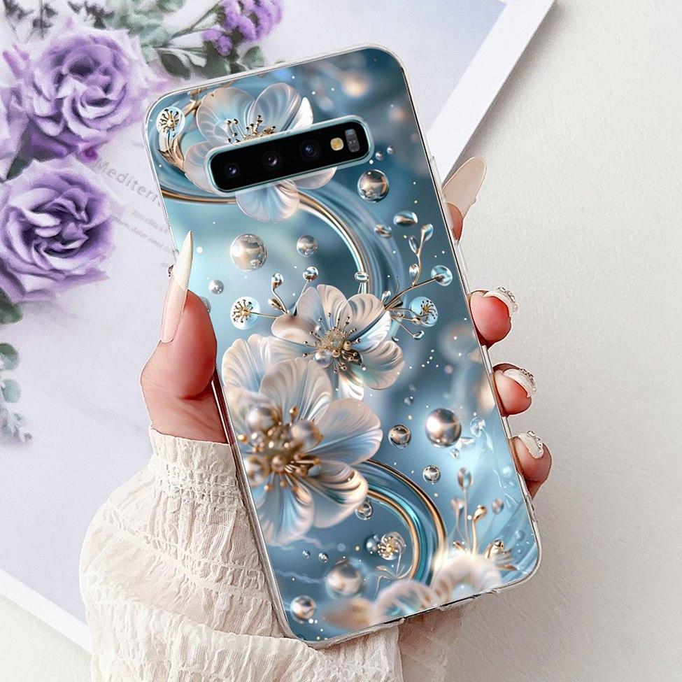 For Samsung S10 Plus Case SM-G975F Cute Kawaii Fashion Flowers Luxury Cool Painted Soft Cover For Samsung Galaxy S10+ Phone Case