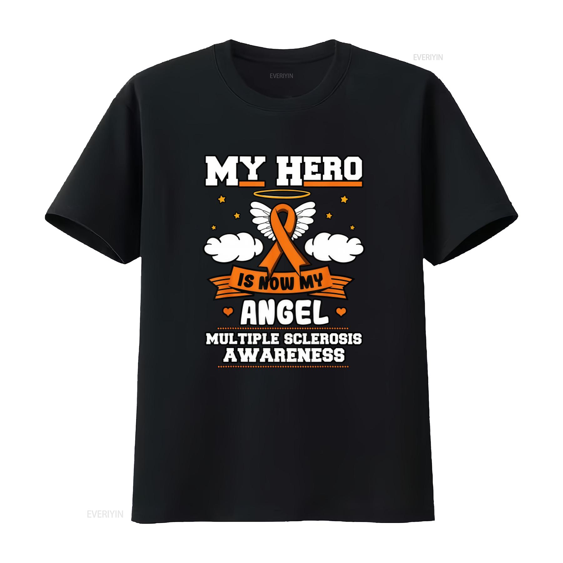 

My Hero Is Now Angel Multiple Sclerosis Orange Ribbon Awareness Youth T Shirt vintage Washed graphic Breathable fashion Soft 4XL