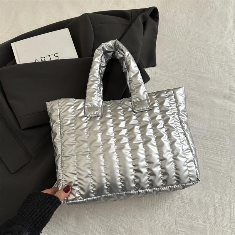 Large Capacity Tote Bag For Women Cotton Padded Nylon Handbag Solid Color Casual Elegant Shoulder Bag Fashion Purse