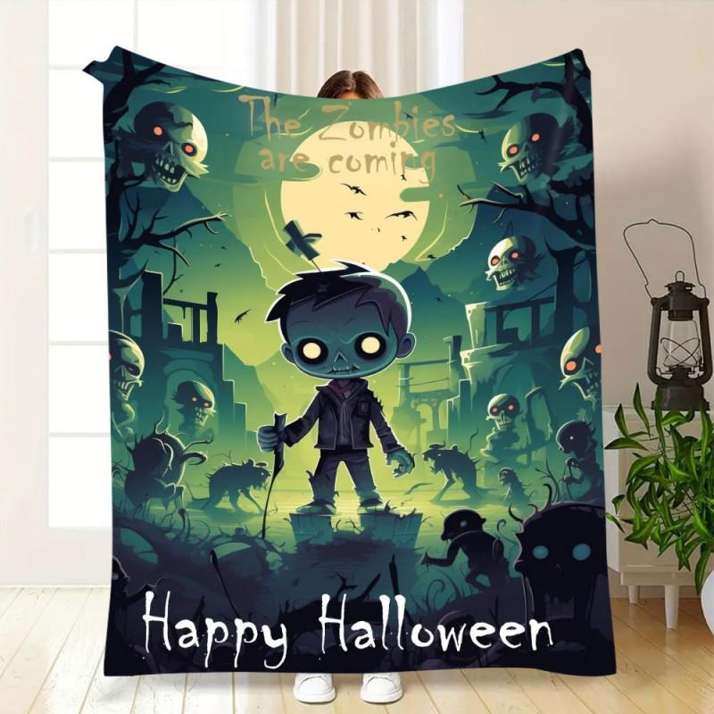 Soft Fleece Blanket With Halloween Digital Print Bed Sofa Nap Use Customizable Cartoon Geometric
